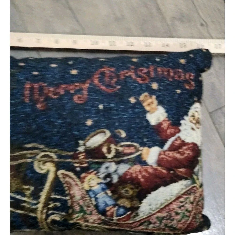 Tapestry Throw Pillow Santa Folk Art Blue Back 16